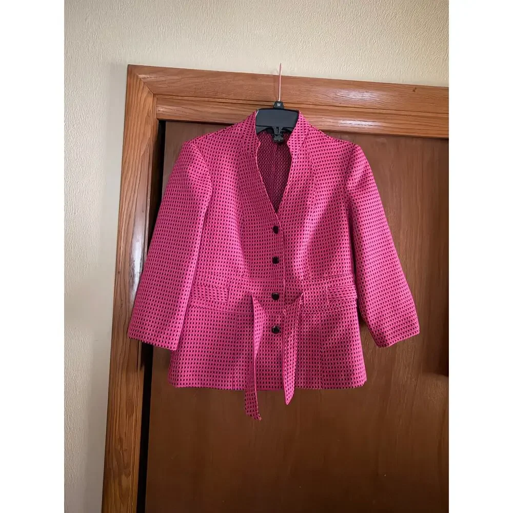 T Milano Women’s 2 Piece Skirt Suit Pink Black Textured Jacket Set Size 6